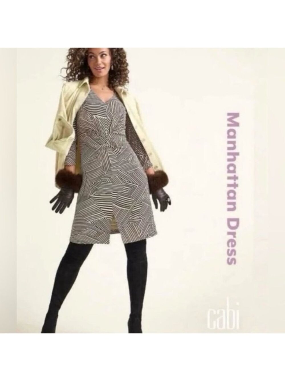 CABI Manhattan Dress V-Neck 3/4 Length Sleeves Brown and Bone Sz M #4614 NWOT